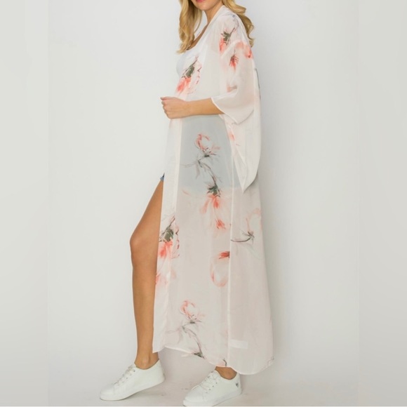 Multicolor Pink Floral Chiffon Sheer Kimono Cardigan - Picture 5 of 5